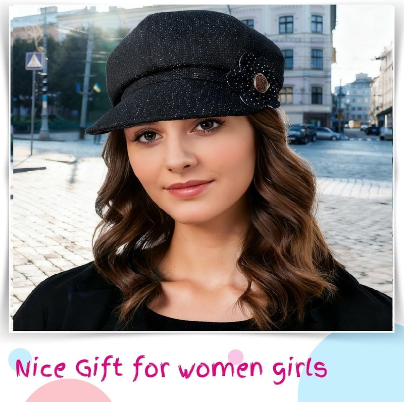 stablerice 2 Pcs Womens Newsboy Cap Women Retro Classic Visor Newsboy Cabbie Cap Beret Hats with Flower Buckle - Image 5